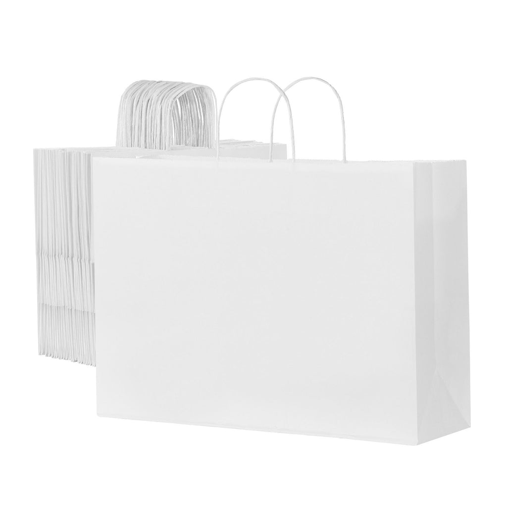 Kraft Paper Bags with Handles, 50Pcs 16 x 6 x 12 in, Large Paper Grocery Bags, Reusable & Recycled Take-Out Sacks, Plain Party Bag Bulk for Birthday, Wedding, Business, Goody, White