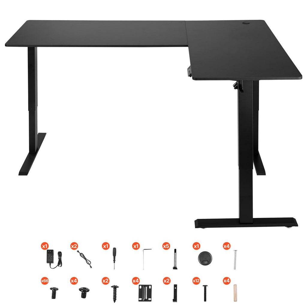 L Shaped Desk, Electric Adjustable Height Corner Gaming Desk with Dual Hooks, Heavy Duty Carbon Steel L-Shaped Computer Table with Power Outlets for Home and Office, Easy to Assemble, Black