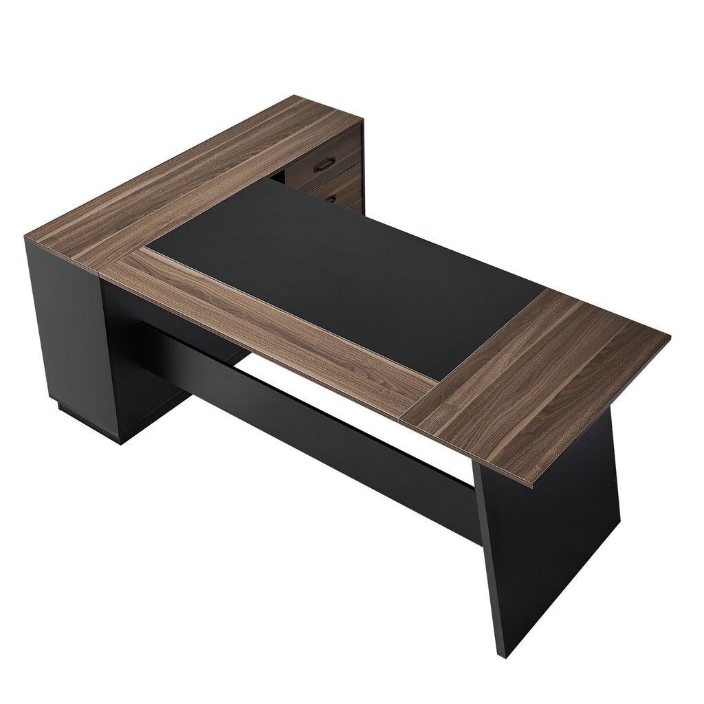 L-Shaped Executive Desk, Large Modern Office Table with Drawers and Storage Cabinet, Heavy Duty Wooden Executive Table, 350 LBS Load Capacity, Easy Assembly, for Work Study Writing, Brown+Black