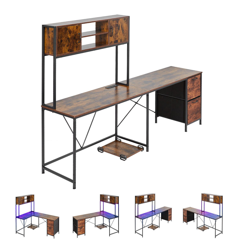 L-Shaped Gaming Desk with LED Lights, 62.2-inch Reversible Corner Computer Desk with Power Outlets, Movable CPU Stand & Storage Drawers, Modern Stylish PC Gaming Table for Home Office