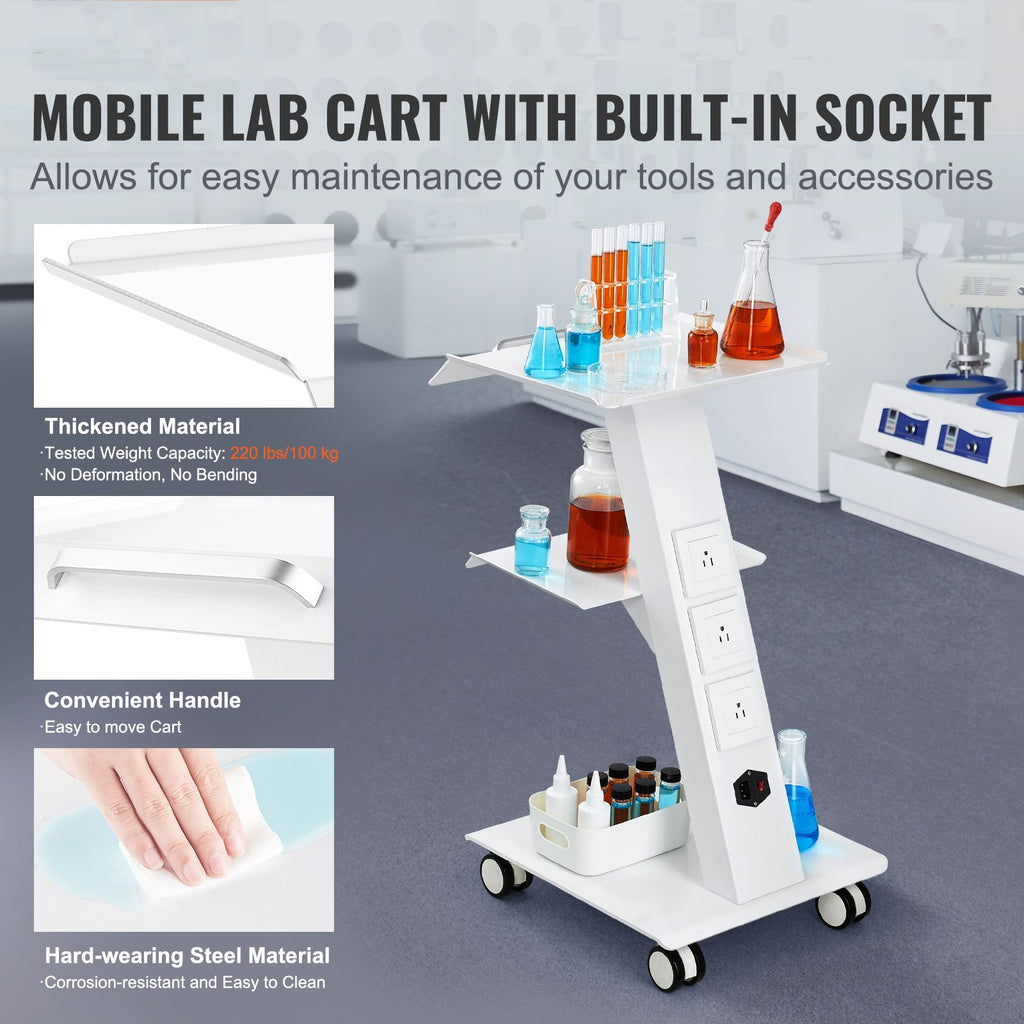 Lab Trolley, Rolling Lab Cart with Built-in Socket, 3-Layer Metal Mobile Trolley, Tray Rolling Clinic Cart with Swivel Wheels, 220 lbs Weight Capacity, for Lab, Clinic, Beauty and Salon