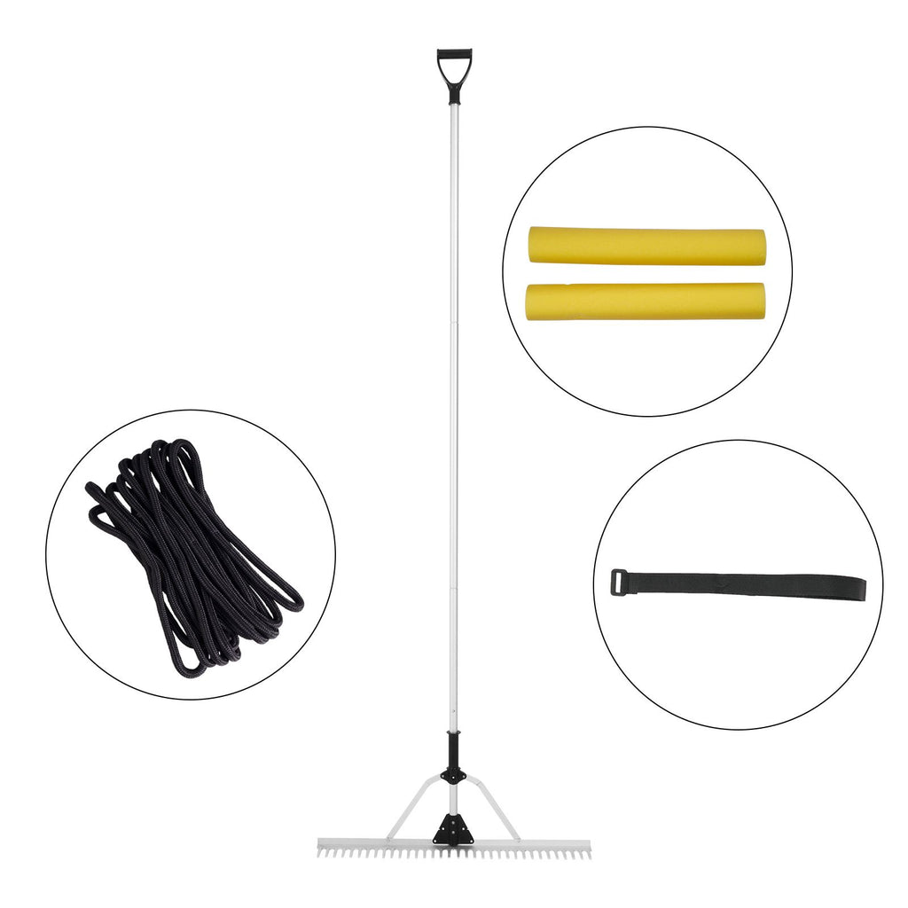 Landscape Rake, 36" Head Aluminum Landscape Rake, Lake Weed Rake with 102.36" Adjustable Extension Handle, Rope and Float, for Loosening Soil, Lawn Care, Weeding Lake, Garden, Pond