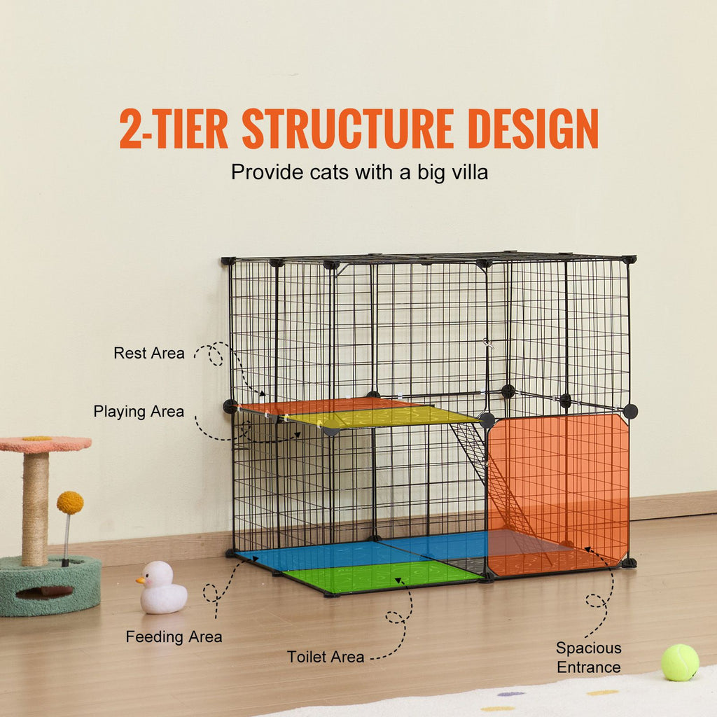Large 2-tier Cat Cage, 28 x 28 x 28", DIY Detachable Metal Wire Cat Enclosure, with Ramp Ladder Adjustable Resting Platform, Crate Large Indoor & Outdoor Exercise Place for Small Animals, Black image 2