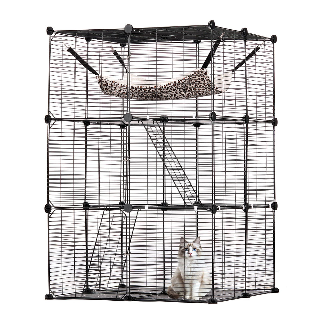 Large 3-tier Cat Cage, 28 x 28 x 41", DIY Detachable Metal Wire Durable Cat Enclosure, with Large Hammock 2 Ramp Ladders, Fit for Cats Exercise Indoor & Outdoor, Ease of Assembly, Black