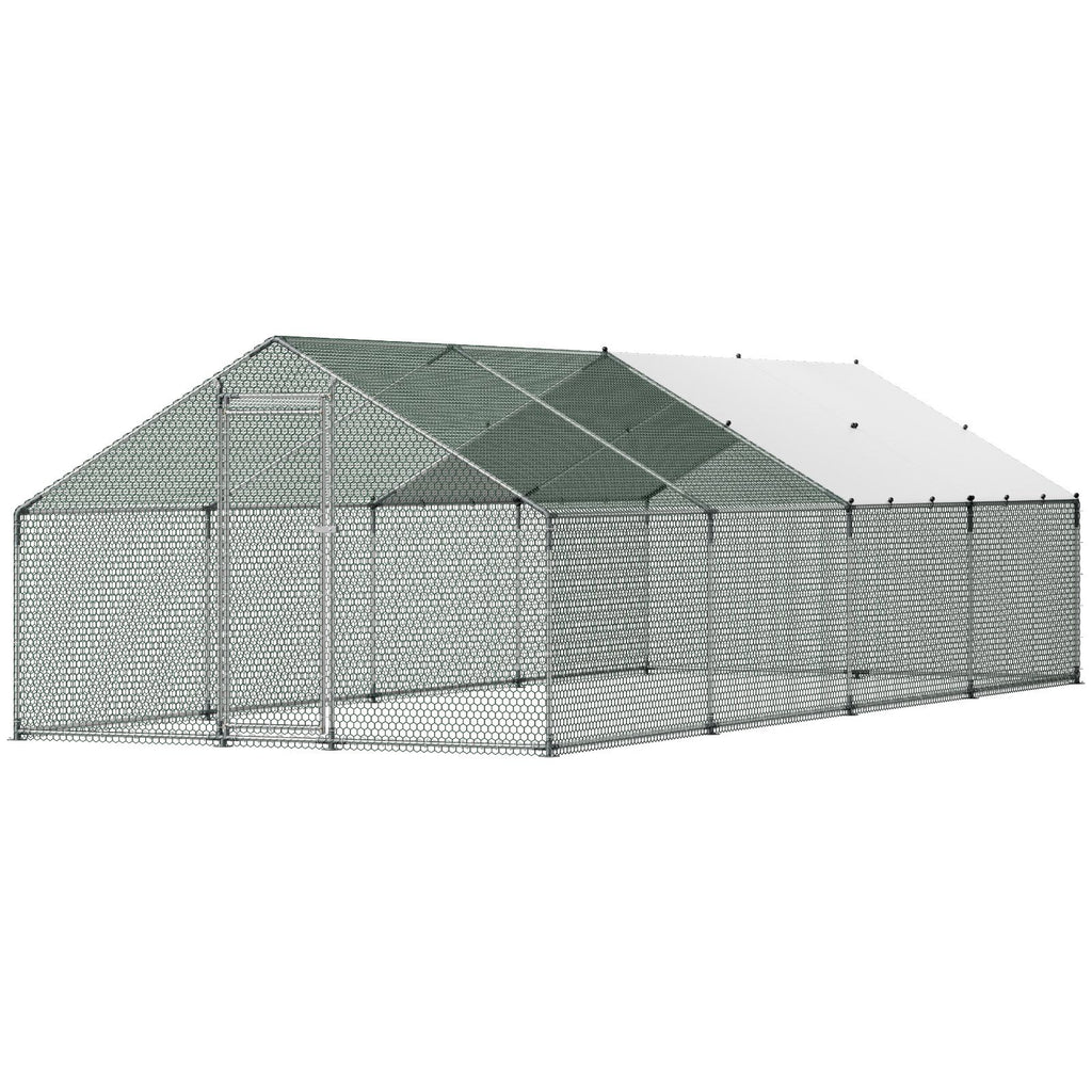 Large Metal Chicken Coop, 9.8 x 26.2 x 6.6 ft, Walk-in Chicken Runs with Waterproof Cover, Spire Roof Hen House Enclosure with Lock, Outdoor Duck Rabbit Cage Poultry Pen for Backyard, Farm, Yard