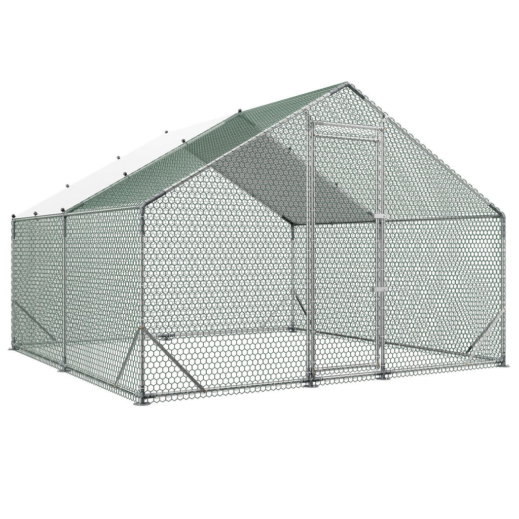 Large Metal Chicken Coop,9.8 x 9.8 x 6.6 ft, Walk-in Chicken Run House with Waterproof Cover & Sturdy Frame, Spire Roof Poultry Cage Duck Pen for Rabbit Hen Goose Outdoor Backyard Farm Use