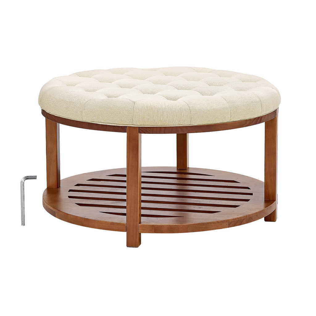 Large Round Ottoman Coffee Table, 31.9 Inch Tufted Coffee Table with Solid Wood Shelf Storage, Linen Solid Upholstered Footrest Ottoman for Bedroom Living Room, 350 LBS, Linen Color