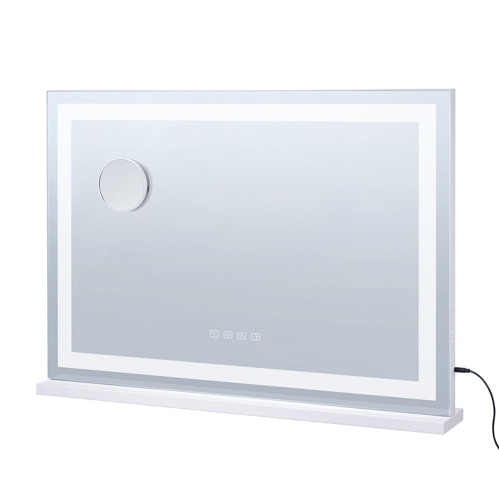 Large Vanity Mirror with Lights and Bluetooth Speaker, Three Color Lighting Modes, Lighted Makeup LED Mirror,5X Magnification,USB,Smart Touch Control,Desktop Wall-Mount (31.5x21.7in, White)