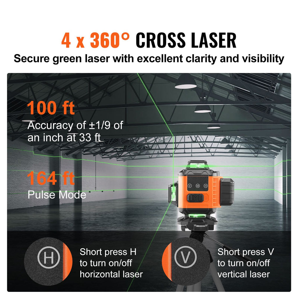 Laser Level, 100ft, Self Leveling Manual Green 4 x 360° Cross 16 Line Laser, IP54 Waterproof Remote Control Manual Self-leveling Mode & 5h Continuous Working Time Line Laser, Battery Include