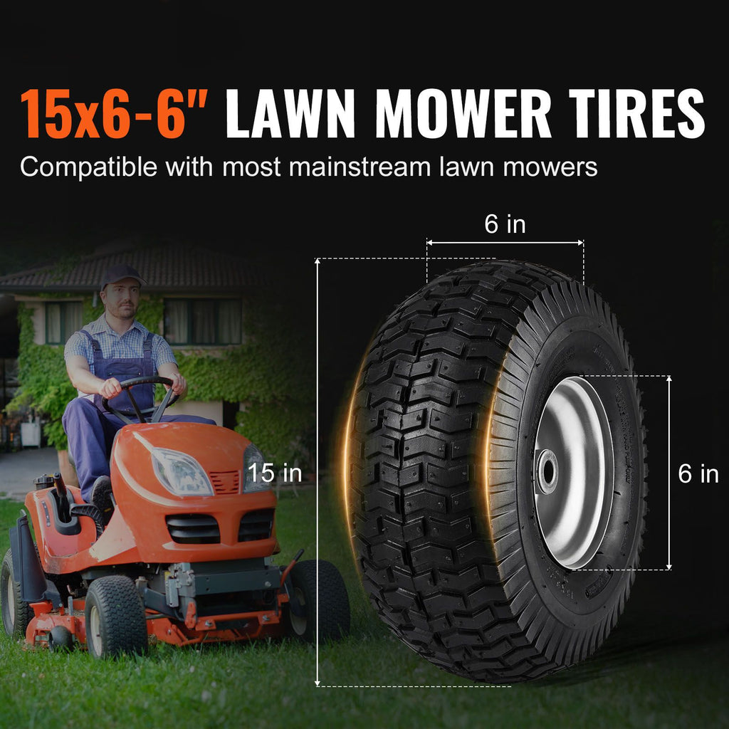 Lawn Mower Tires, 15x6-6" Lawn Tractor Tires, 2-Pack Tire and Wheel Assemblies, Turf Pneumatic Tires with 3" Centered Hub and 3/4" Bushing Size, 16 PCS Adapters for Riding Mowers Lawn Tractors image 2