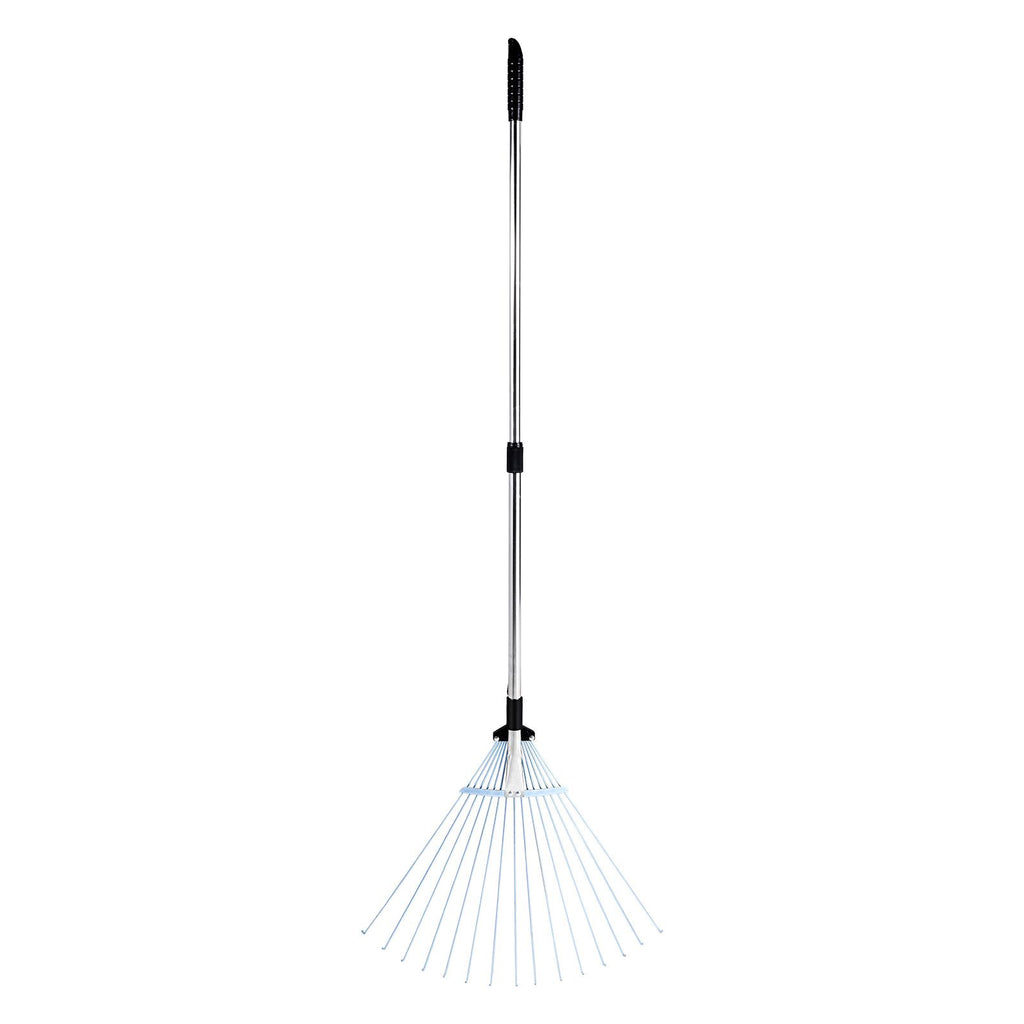 Leaf Rake, 15 Metal Tines, Adjustable Garden Rake for Lawns with 7.5-22.4 Inch Wide Head & 32-63 Inch Long Handle, Heavy Duty Stainless Steel Small Leaves Tool for Gardening Camping Yard Grass