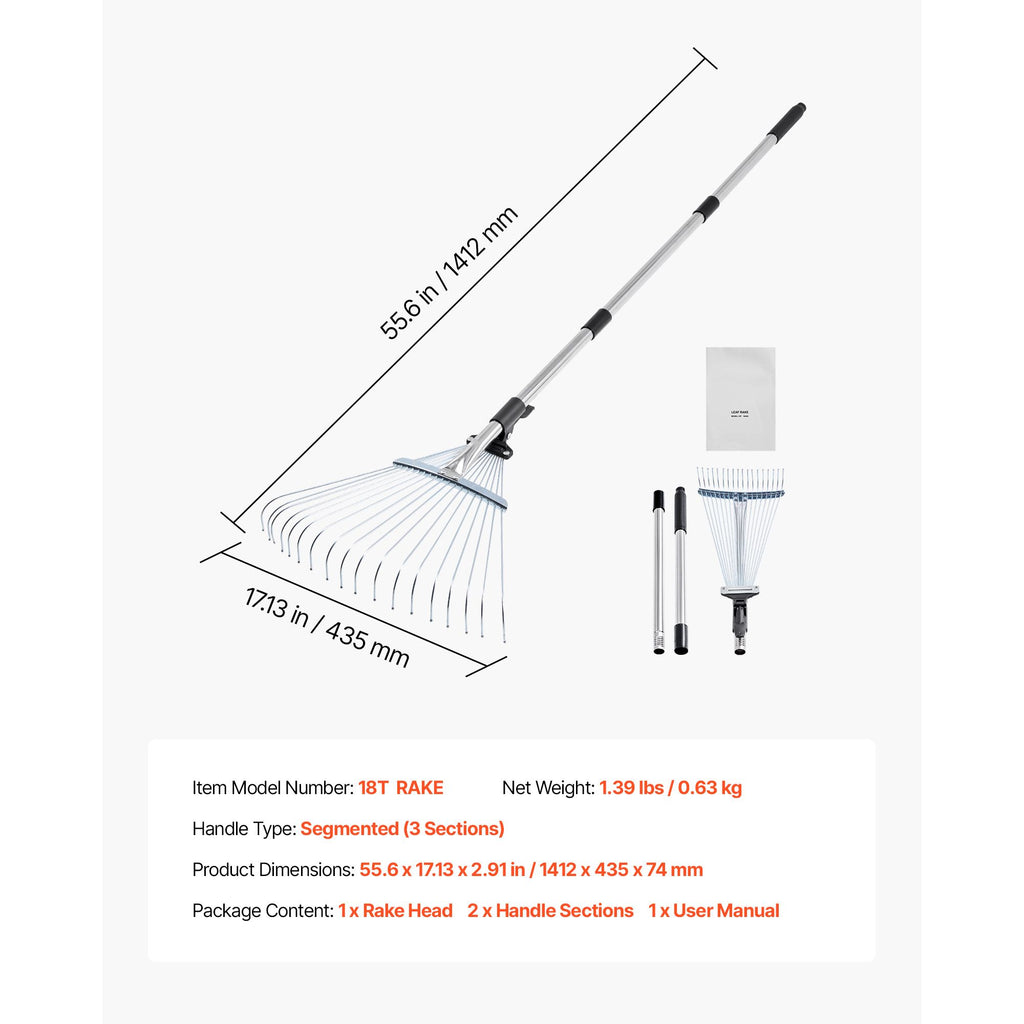 Leaf Rake, 18 Metal Tines, Adjustable Garden Rake for Lawns with 7.7-17.1 Inch Head & 32.3-55.6 Inch Long Handle, Heavy Duty Stainless Steel Small Leaves Tool for Gardening Camping Yard Grass image 2