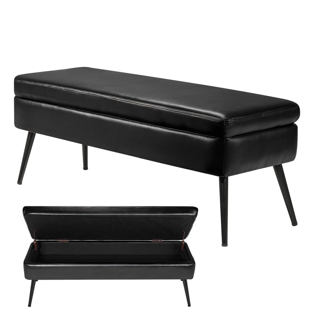 Leather Storage Ottoman Bench, PU Leather Bench with Storage and Metal Legs, Modern Shoe Benches Seat for Entryway, Upholstered End of Bed Benches for Living Room, Dining Room, Hallway, Black