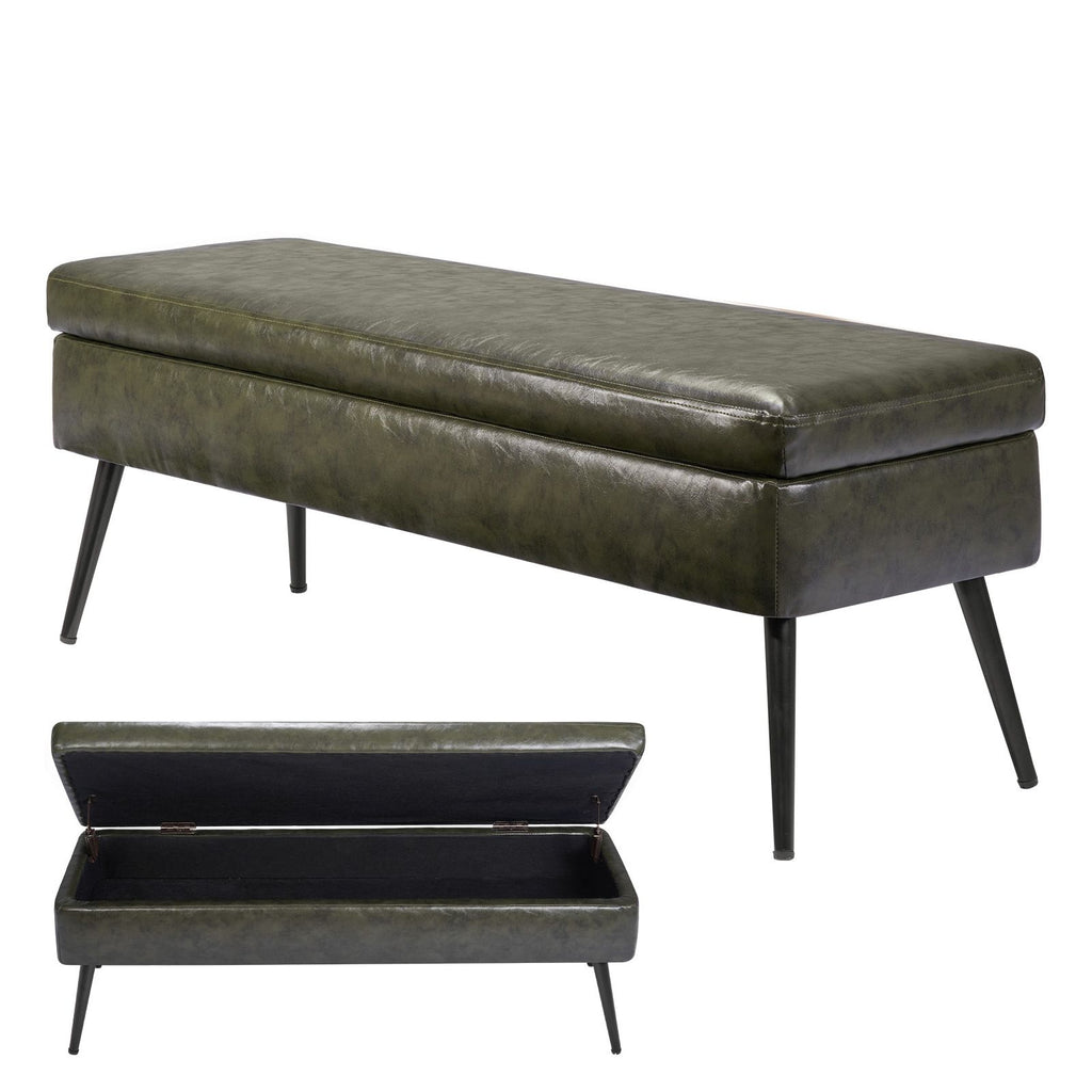 Leather Storage Ottoman Bench, PU Leather Bench with Storage and Metal Legs, Modern Shoe Benches Seat for Entryway, Upholstered End of Bed Benches for Living Room, Dining Room, Hallway, Green