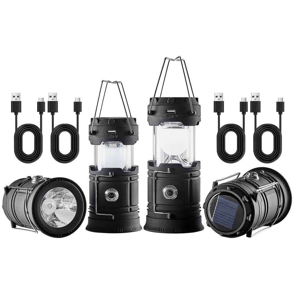 LED Camping Lanterns, 4 Pack Rechargeable Camping Flashlights, Solar & USB Charging, Portable Collapsible, Bulit to Last Lights, As Power Bank, for Hiking, Hurricane Emergency, Outrages, Fishing