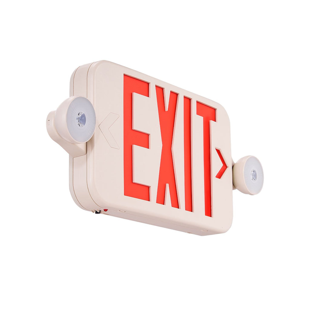 LED Emergency Exit Sign, Dual Adjustable LED Heads, Battery-Backed Fire Exit Lighting, Red Letter Combo, Commercial Grade