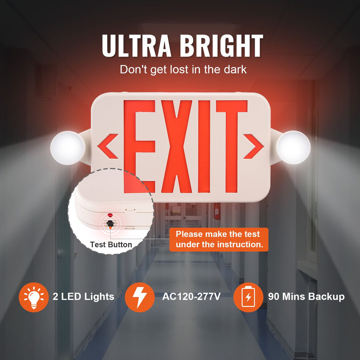 LED Emergency Exit Sign, Dual Adjustable LED Heads, Battery-Backed ...