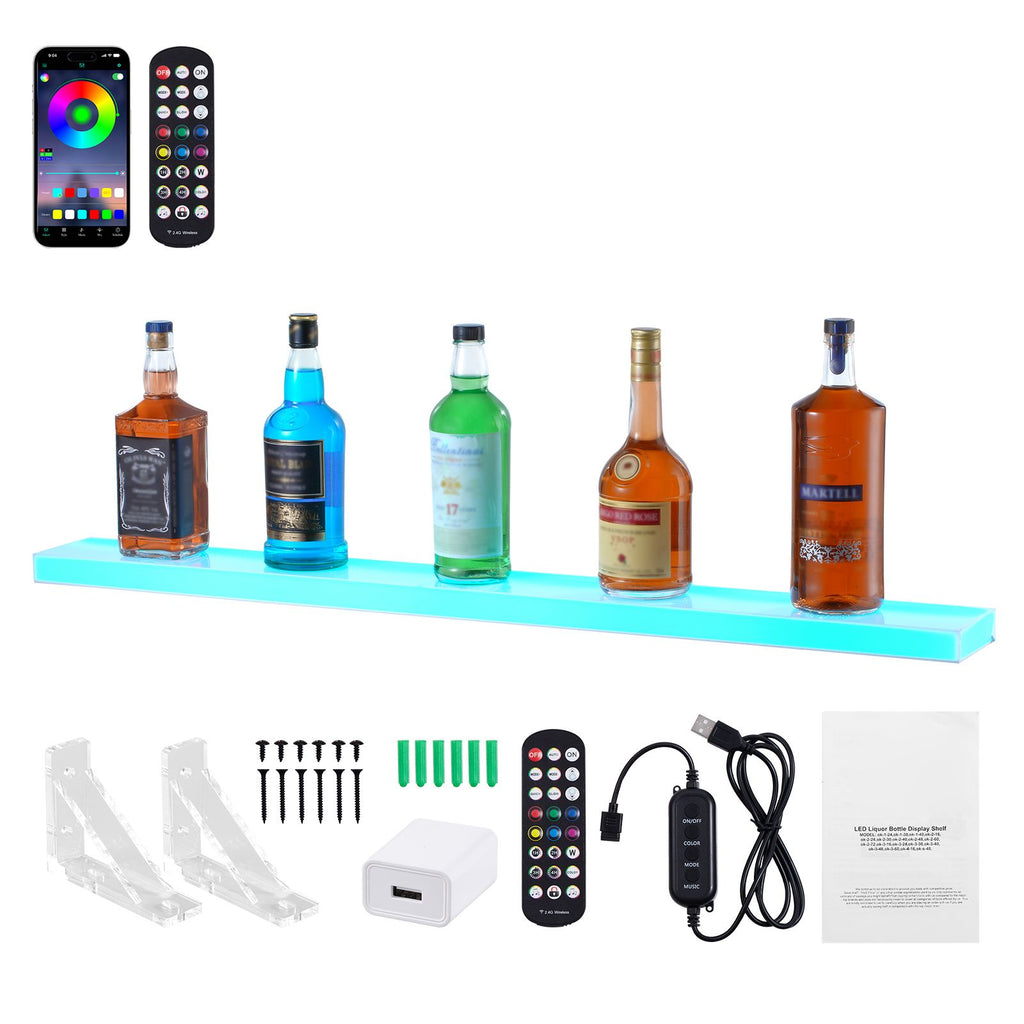 LED Lighted Liquor Bottle Display, 1 Tier 40 Inch Wall Mounted Whiskey Rack Stand, 1 Step Commercial Illuminated Home Bar Shelf, Acrylic Drinks lighting Shelves with RF Remote & App Control
