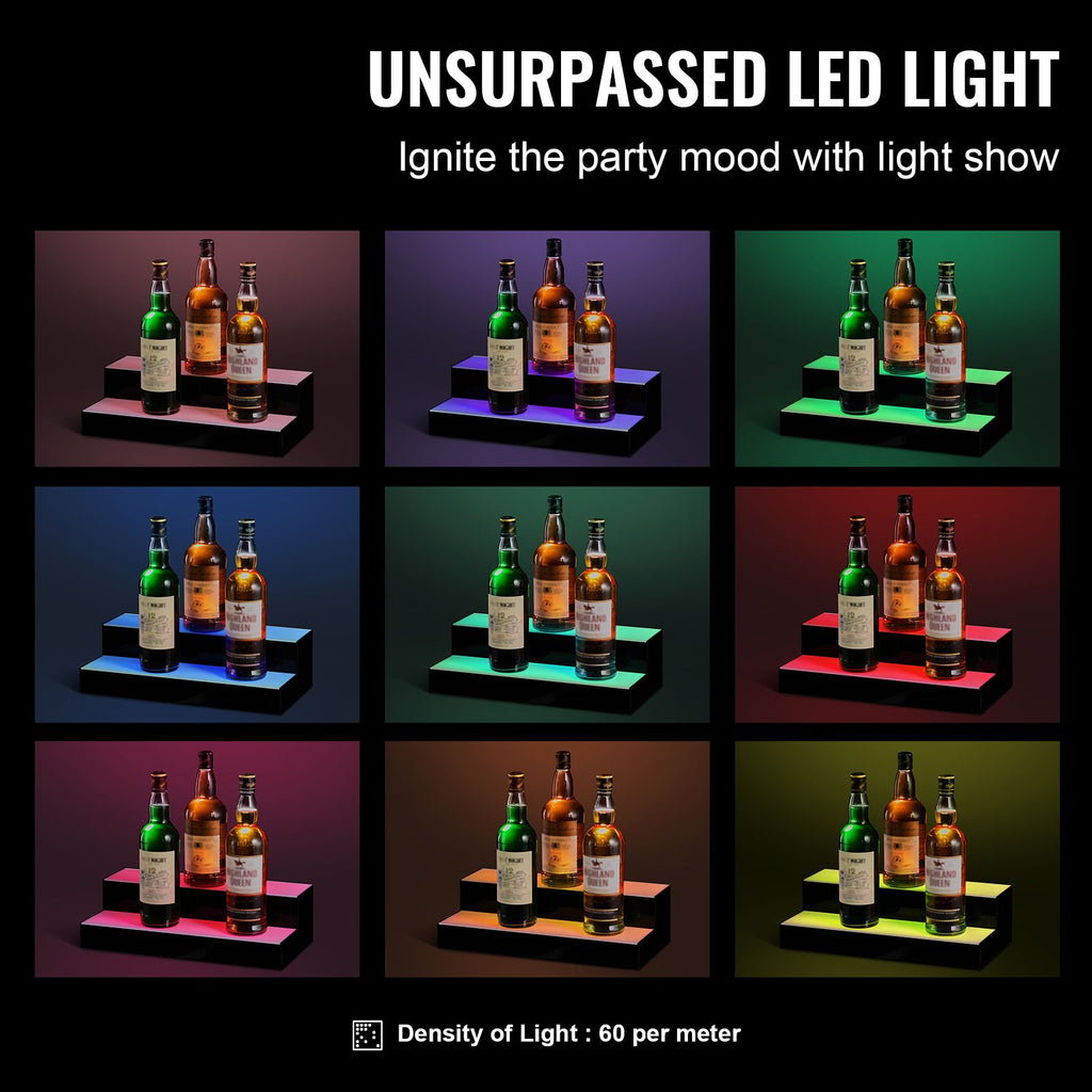 LED Lighted Liquor Bottle Display, 2 Tiers 16 Inch Commercial Illuminated Home Bar Shelf, 2 Steps Whiskey Rack Stand, Acrylic Drink Shelves with RF Remote & App Control, and Multicolor lighting