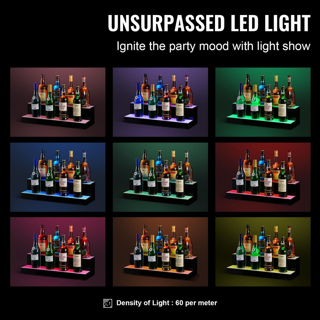 LED Lighted Liquor Bottle Display, 2 Tiers 24 Inch Commercial Illuminated Home Bar Shelf, 2 Steps Whiskey Rack Stand, Acrylic Drink Shelves with RF Remote & App Control, and Multicolor lighting