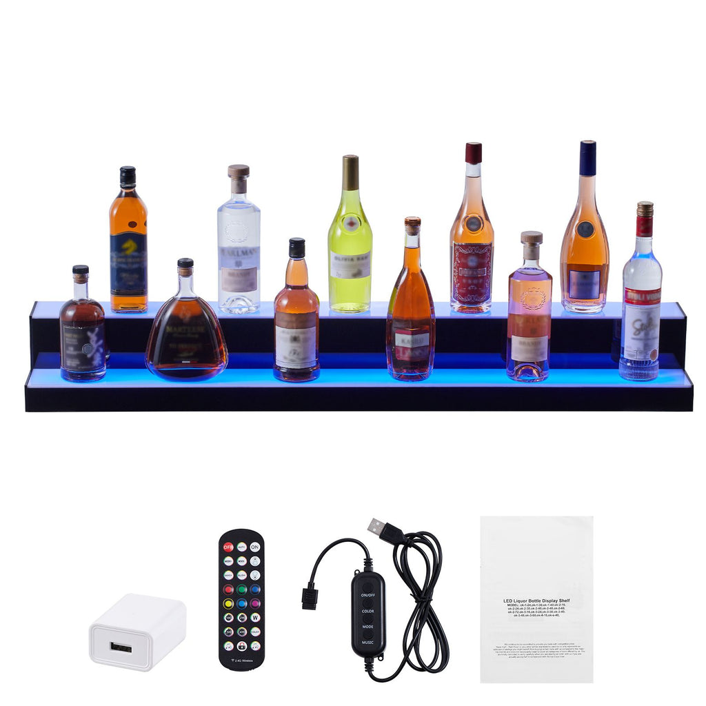 LED Lighted Liquor Bottle Display, 2 Tiers 48 Inch Commercial Illuminated Home Bar Shelf, 2 Steps Whiskey Rack Stand, Acrylic Drink Shelves with RF Remote & App Control, and Multicolor lighting
