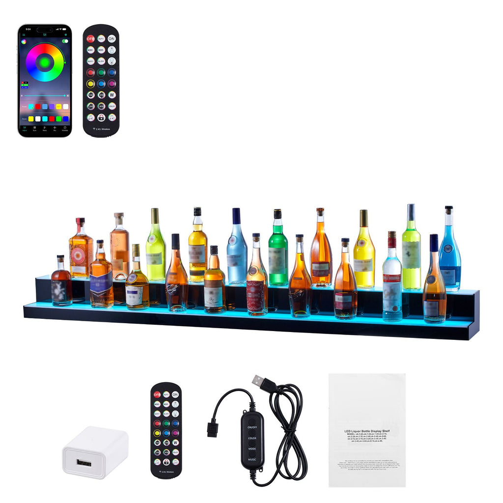 LED Lighted Liquor Bottle Display, 2 Tiers 72 Inch Commercial Illuminated Home Bar Shelf, 2 Steps Whiskey Rack Stand, Acrylic Drink Shelves with RF Remote & App Control, and Multicolor lighting