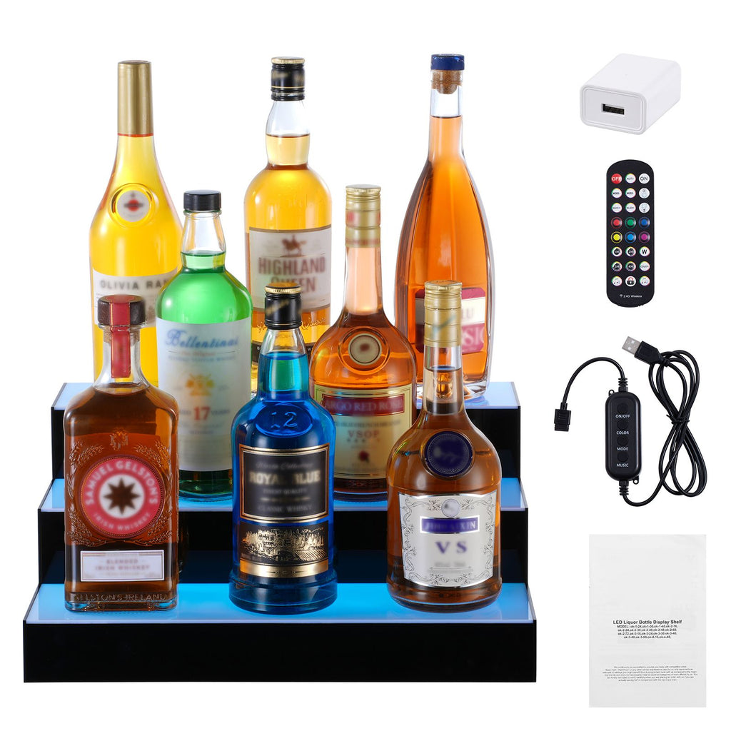 LED Lighted Liquor Bottle Display, 3 Tiers 16 Inch Commercial Illuminated Home Bar Shelf, 3 Steps Whiskey Rack Stand, Acrylic Drink Shelves with RF Remote & App Control, and Multicolor lighting