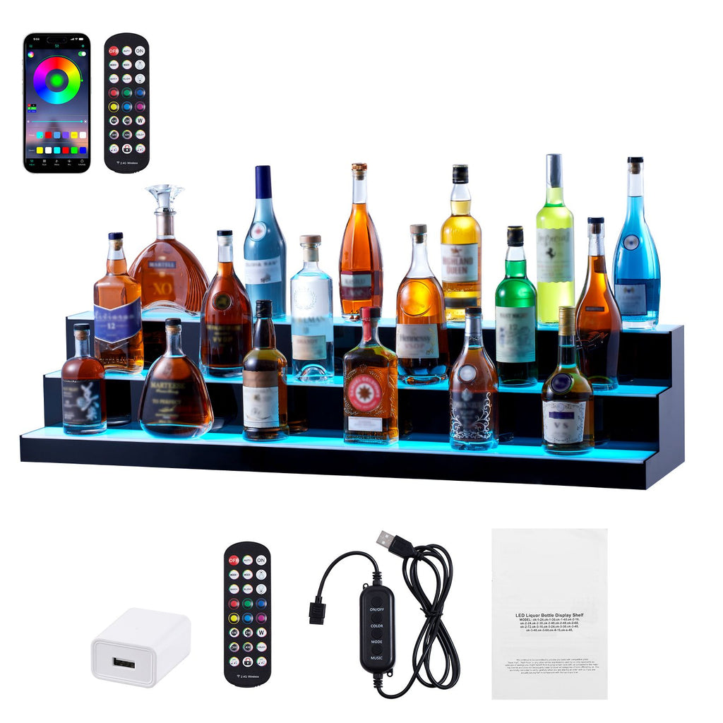 LED Lighted Liquor Bottle Display, 3 Tiers 48 Inch Commercial Illuminated Home Bar Shelf, 3 Steps Whiskey Rack Stand, Acrylic Drink Shelves with RF Remote & App Control, and Multicolor lighting