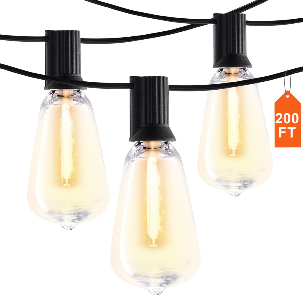 LED Outdoor String Lights, 200FT, 2700K Dimmable Outside Patio Lights with 100 ST38 Shatterproof Bulbs E12 Socket Base, Waterproof Hanging Lights for Porch Backyard Garden Balcony Party Decor