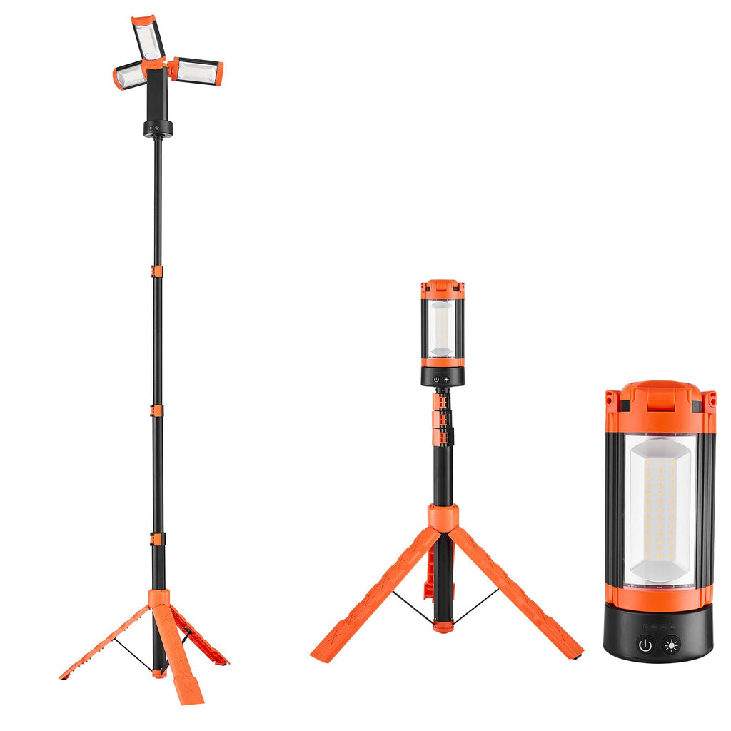 LED Work Light with Stand, 6Ah, Rechargeable Cordless Camping Light, with 3 Lamp Heads, Detachable Tripod Stand, 2200 Lumens 3000K-6500K Dimmable, Portable Construction Lighting for Job Site