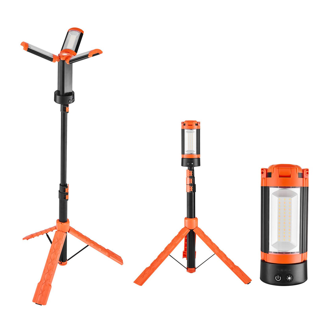 LED Work Light with Stand, 8Ah, Rechargeable Cordless Camping Light, with 3 Lamp Heads, Detachable Tripod Stand, 2200 Lumens 3000K-6500K Dimmable, Portable Construction Lighting for Job Site