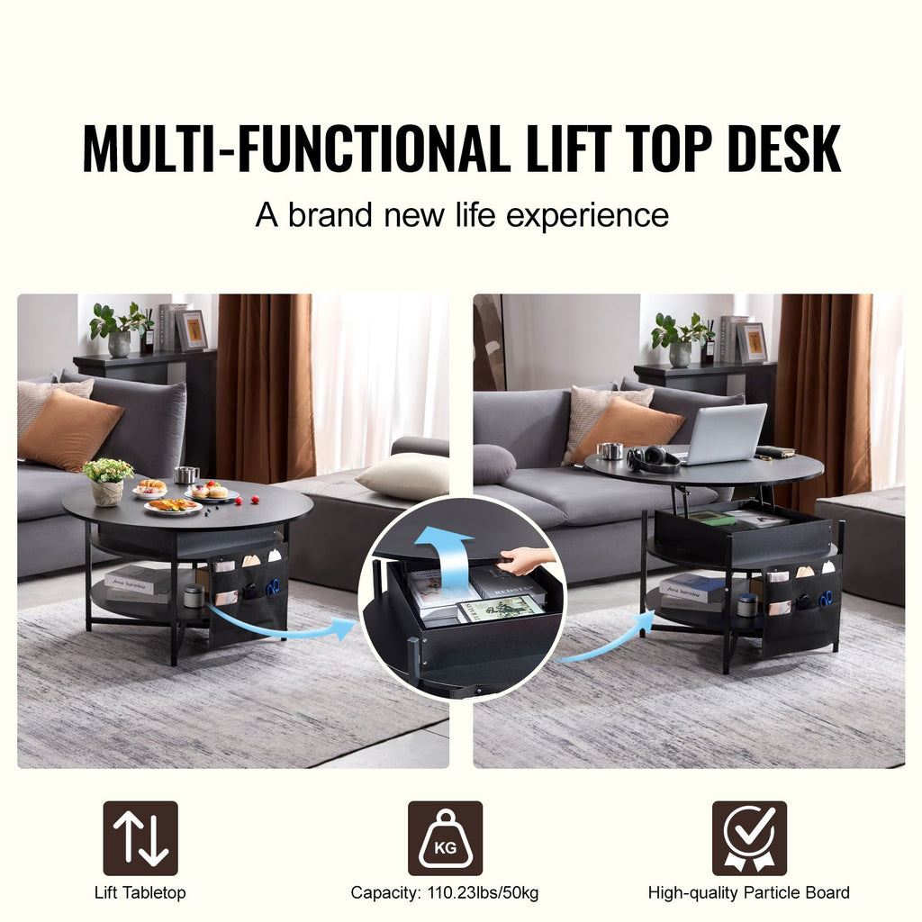 Lift Top Coffee Table, 35.3 in Round Coffee Table with Extra Storage Pockets, Pop Up Coffee Table for Living Room, Black image 2