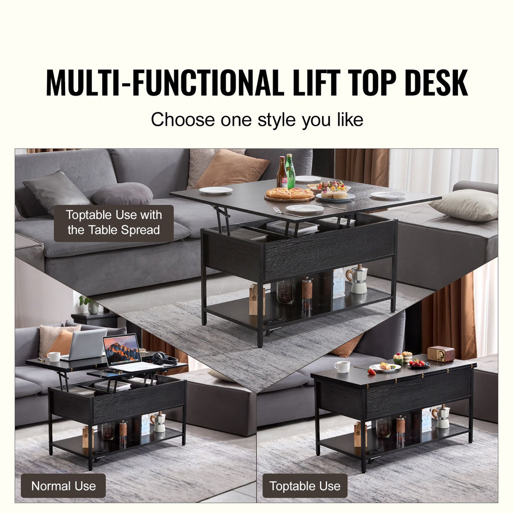 Lift Top Coffee Table, 39.4 in Rectangle Coffee Table with Extra Storage Pockets, Flipable Coffee Table with Power Strip & USB & Ambient Lighting for Living Room, Black image 2