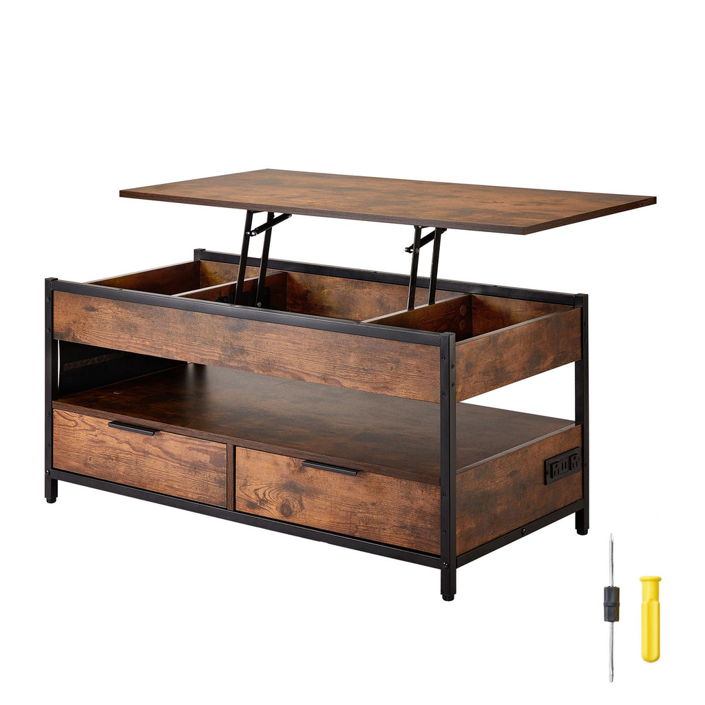 Lift Top Coffee Table, 39.4 in Rectangle Coffee Table with Extra Storage Pockets, Pop Up Coffee Table with Power Strip & USB & Ambient Lighting for Living Room, Brown