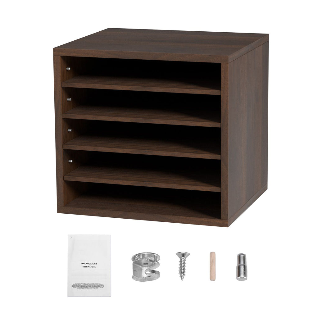 Literature Organizers, 5 Compartments Office Mailbox with Adjustable Shelves, Wood literature sorter 13.9x12x13 inches for Office, Home, Classroom, Mailrooms Organization, EPA Certified, Brown