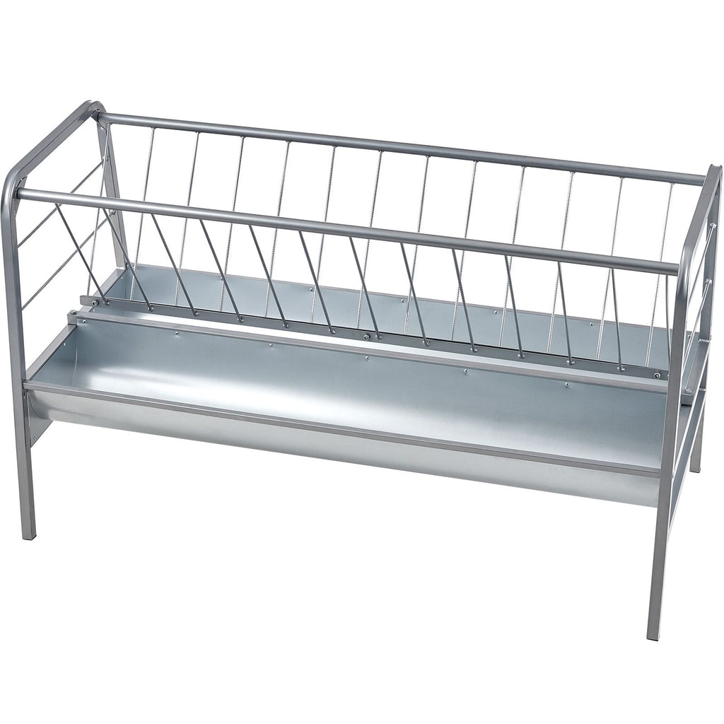 Livestock Hay Feeder, 2 in 1 Grain & Hay Feeder, 80-Gallon Capacity Pasture Feeder, 59" Long Goat Hay Feeder with Deeper Feeding Pan, Heavy Duty Steel Grain & Hay Holder for Sheep Farms Sheds