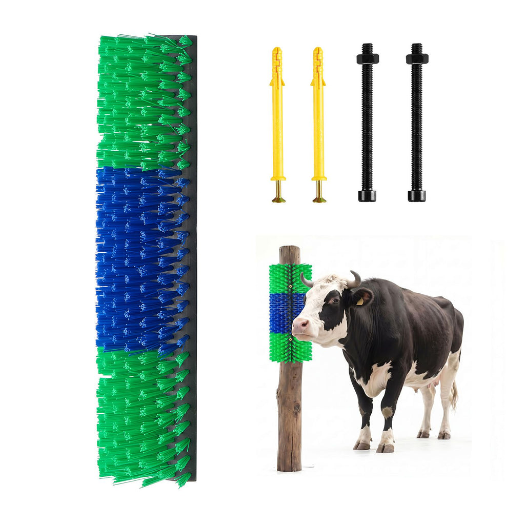Livestock Scratching Brush, 1PC Goat Scratcher Brush Post with 4 Screws, 16.9" x 7.5" Cow Scratcher for Back Itch Relief, Massage Grooming Scratch Tool for Horse Cattle Sheep Pig, Green & Blue