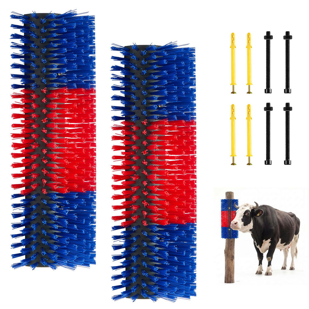 Livestock Scratching Brush, 2PCS Goat Scratcher Brush Post with 8 Screws, 16.9" x 7.5" Cow Scratcher for Back Itch Relief, Massage Grooming Scratch Tool for Horse Cattle Sheep Pig, Blue & Red