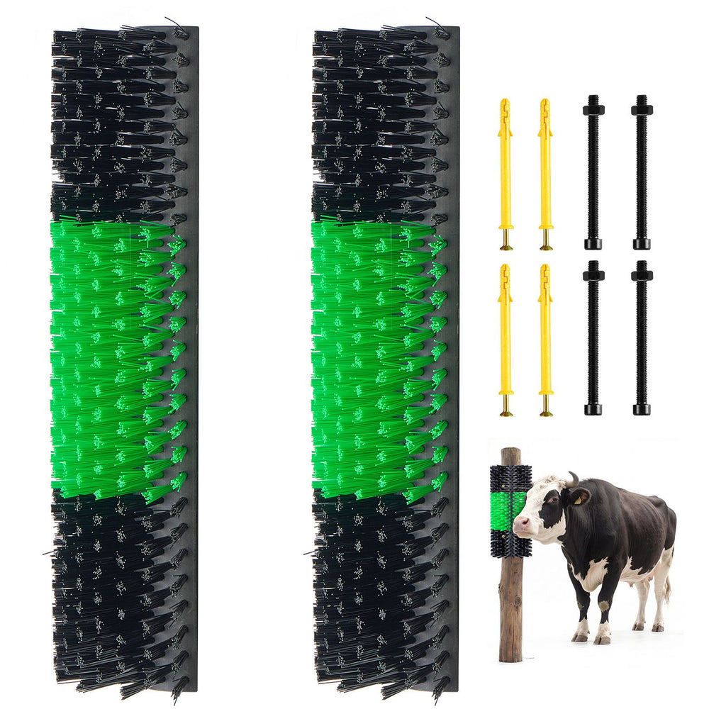 Livestock Scratching Brush, 2PCS Goat Scratcher Brush Post with 8 Screws, 16.9" x 7.5" Cow Scratcher for Back Itch Relief, Massage Grooming Scratch Tool for Horse Cattle Sheep Pig, Green & Black