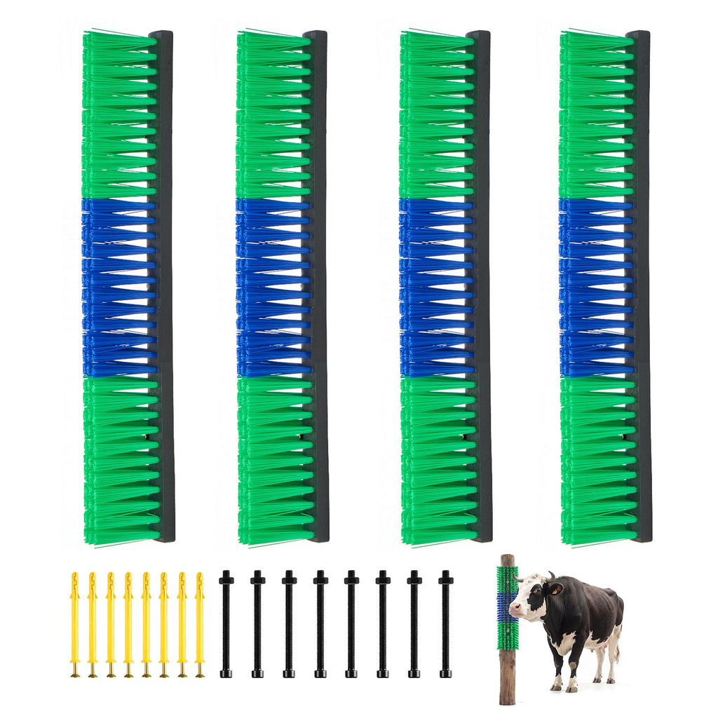 Livestock Scratching Brush, 4PCS Goat Scratcher Brush Post with 16 Screws, 16.9" x 3.9" Cow Scratcher for Back Itch Relief, Massage Grooming Scratch Tool for Horse Cattle Sheep Pig, Green & Blue