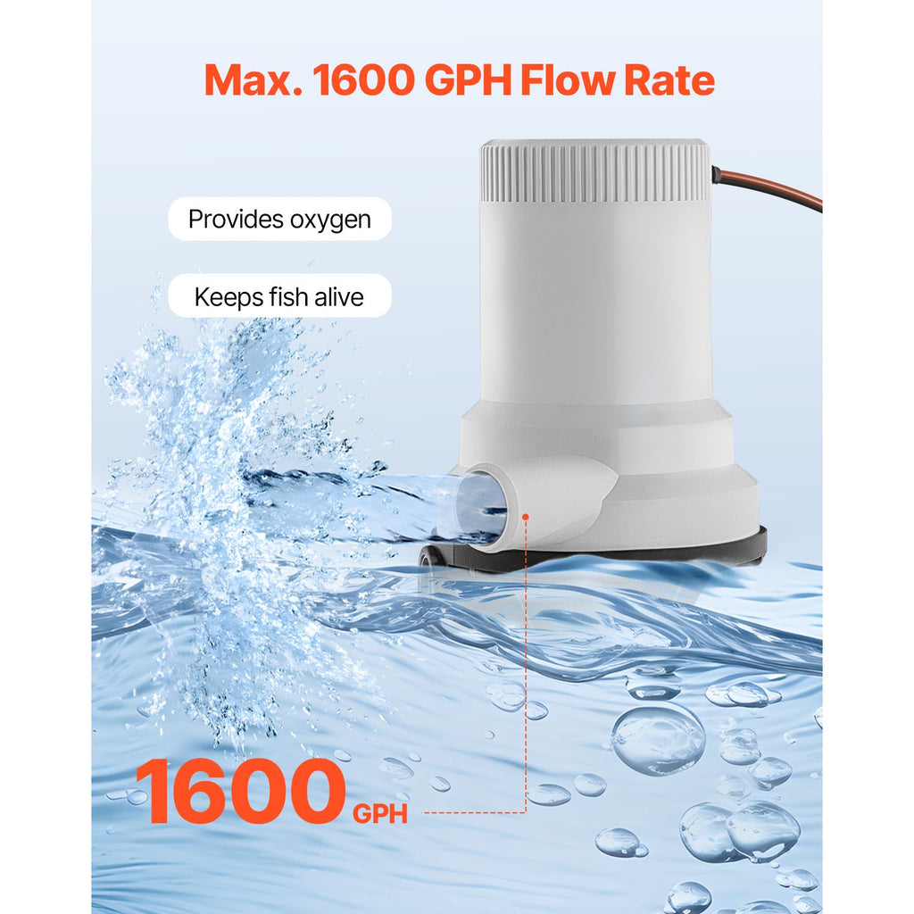 Livewell Pump for Boat, 12V 1600 GPH Straight Livewell Aerator Pump with Dual Inlet, ABA Housing & Detachable Motor Cartridge, Corrosion-Resistant Livewell/Baitwell Pump for Freshwater Saltwater image 2