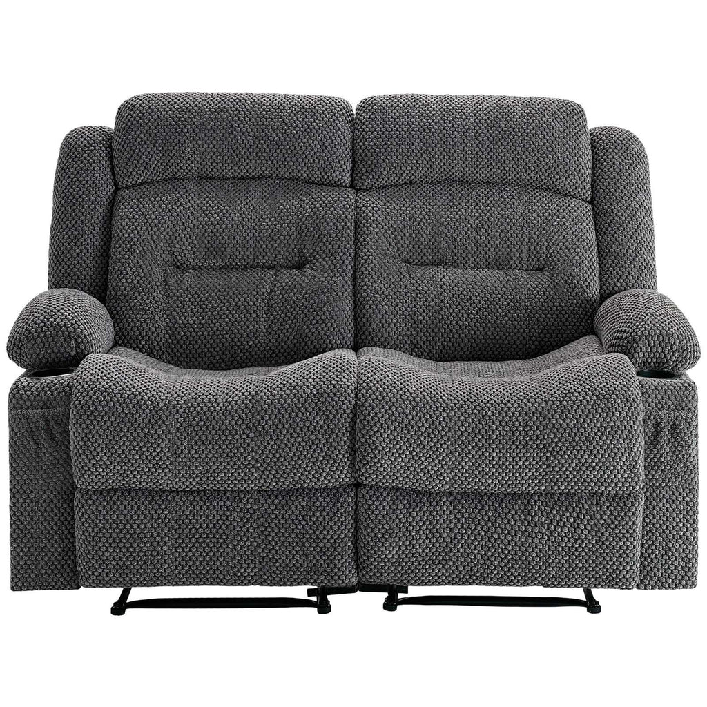 Loveseat Recliner Sofa, Manual Reclining Couch with Heating and Massage, Soft Corduroy Recliner Sofa with USB Ports, Cup Holders and Side Storage Bags, Dual Loveseat Chair for Living Room, Grey