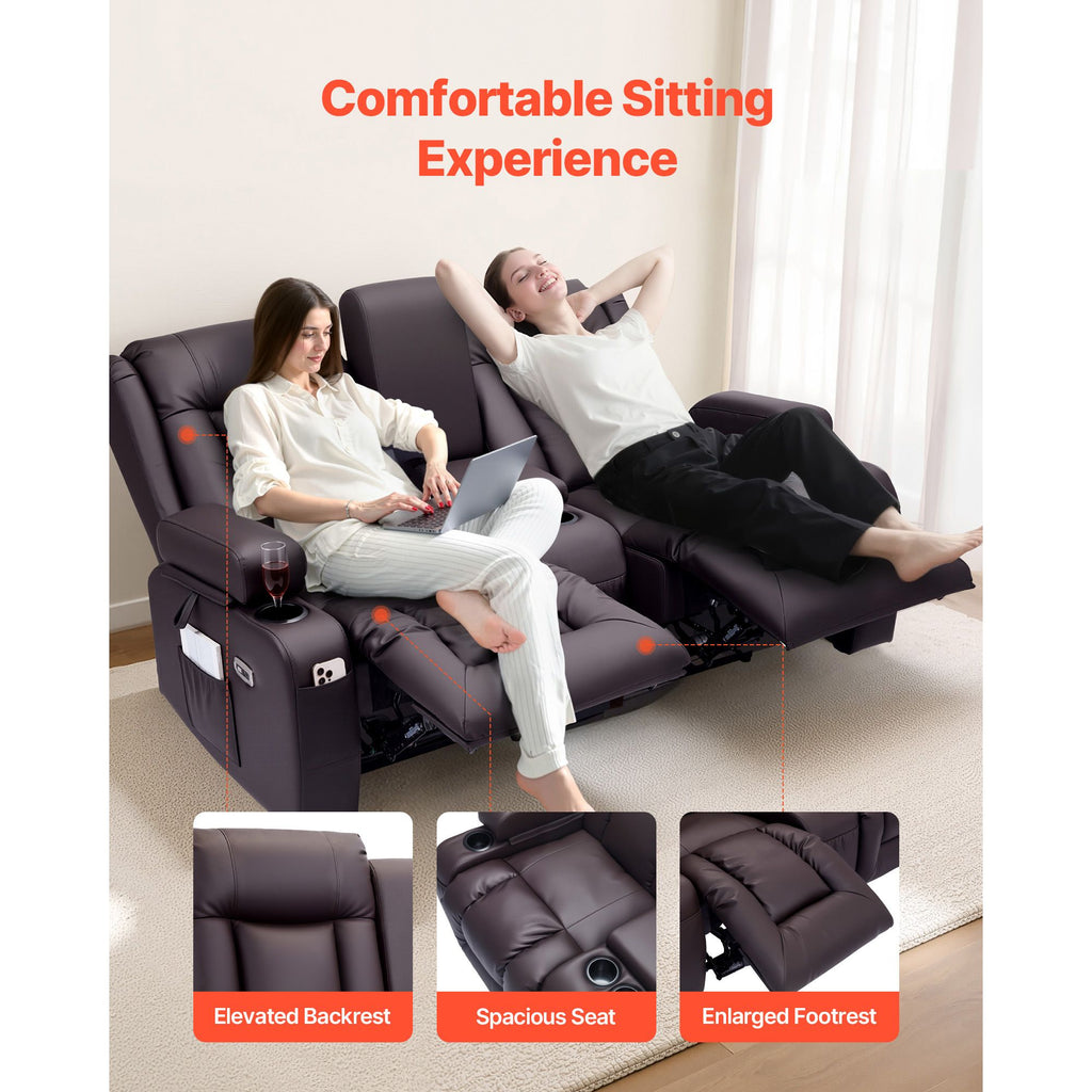 Loveseat Recliner Sofa, Power Reclining Couch with Heating & Massage and Timer, PU Leather Electric Recliner Sofa with Center Console, USB Ports, Cup Holders and Side Bags for Living Room
