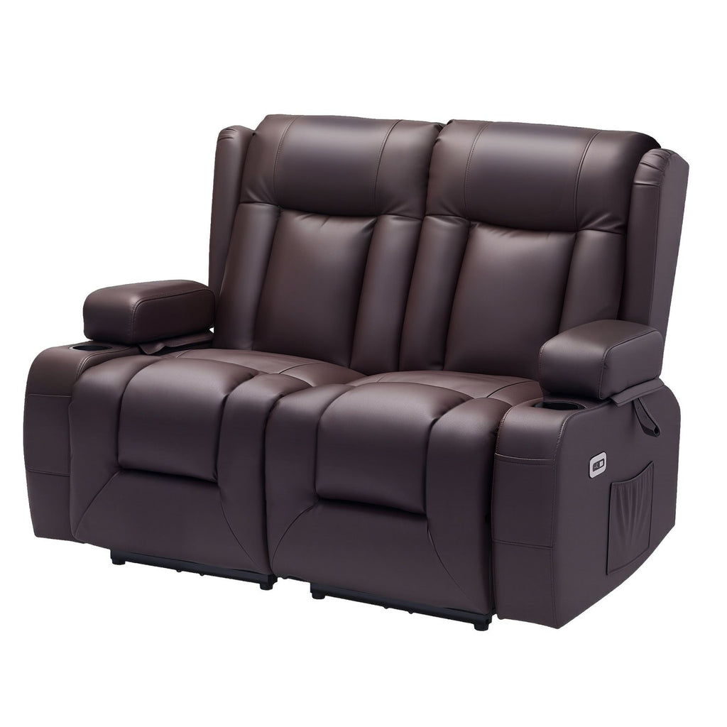 Loveseat Recliner Sofa, Power Reclining Couch with Heating & Massage and Timer, PU Leather Electric Recliner Sofa with USB Ports, Cup Holders and Side Bags, Dual Loveseat Chair for Living Room