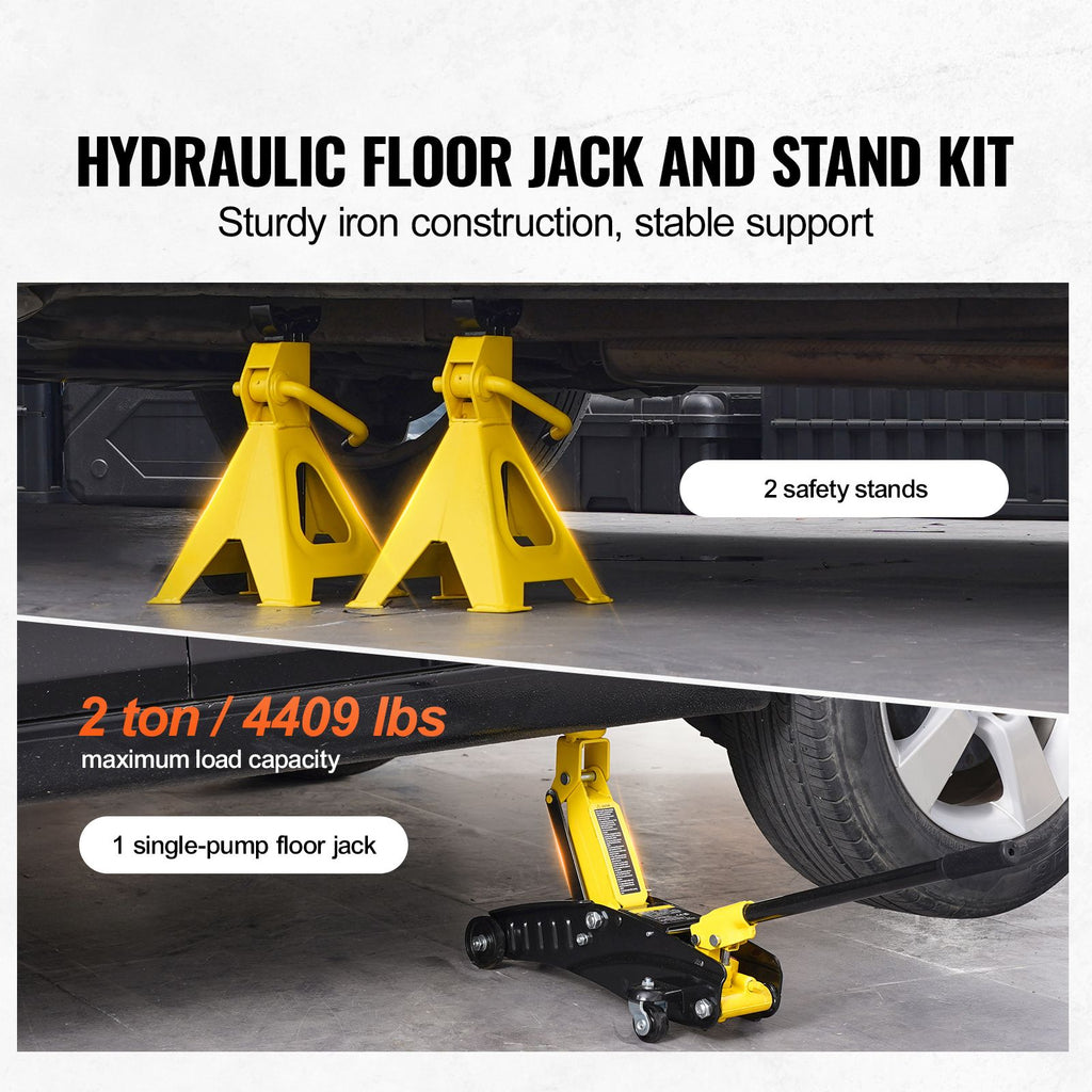 Low Profile Floor Jack 2 Ton (4400 lbs), Heavy Duty Iron Hydraulic Racing Floor Jack, Hydraulic Car Jack with Jack Stands, Single Piston Quick Lift Pump, 4.6"-12.8" Height Lifting Range (Yellow) image 2