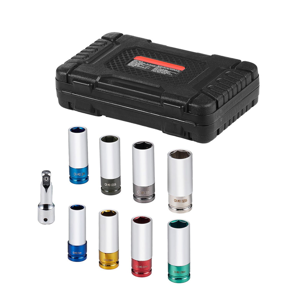 Lug Nut Impact Socket Set, 1/2 inch Drive Metric and SAE 6-Point Deep Socket Set, 8 Total Lug Nut Sizes, CR-MO Steel Wheel Socket Set with Storage Case and Extension Bar, for Auto Repair