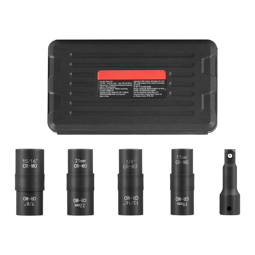 Lug Nut Impact Socket Set, 1/2 inch Drive Metric and SAE 6-Point Flip Socket Set, 4 Total Lug Nut Sizes, CR-MO Steel Wheel Socket Set with Storage Case and Extension Bar, for Auto Repair