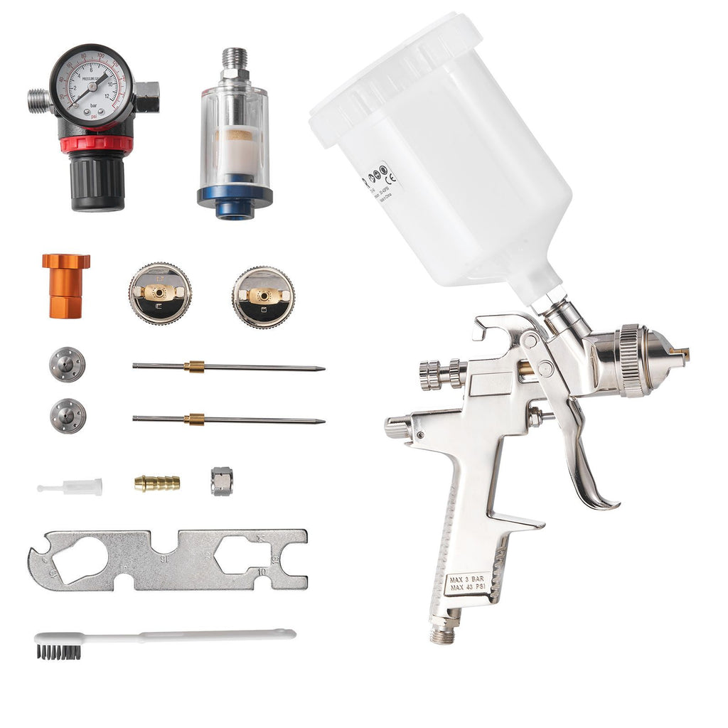 LVLP Air Spray Gun, Gravity Feed Paint Sprayer Gun with 3 Nozzles (1.3/1.4/1.7mm), 600ml Capacity Automotive Paint Sprayer with Air Regulator for Furniture, Car Painting, Home Improvement