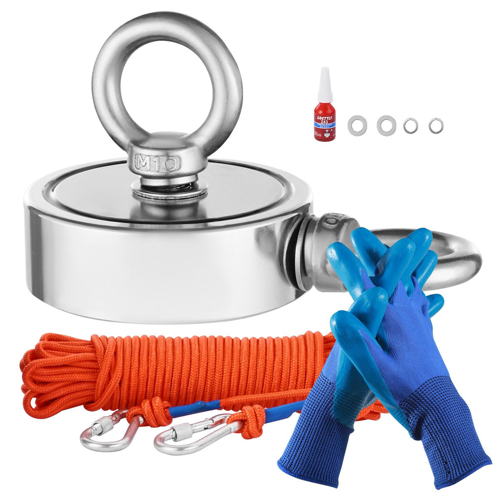 Magnet Fishing Kit, 1000 LBS/454 Kg Double-Sided Pulling Force Strong Magnet Fishing Kit, Rare Earth Neodymium Magnetic Fishing Kit Includes Grappling Hook, Heavy Duty Rope, Gloves and Eyebolt