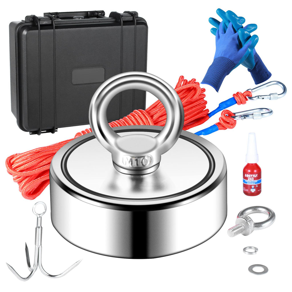 Magnet Fishing Kit, 1200lbs 2.95inch Diameter Double Sided Fishing Magnets, Strong Neodymium Magnet with Heavy Duty 65FT Rope, Grappling Hook, Waterproof Case, Gloves, Threadlocker, Eye Bolt